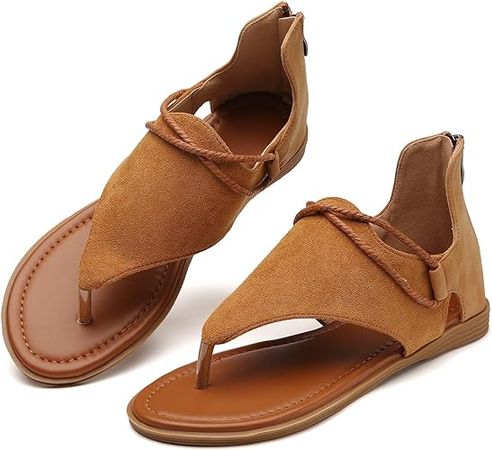 Amazon.com | Tilocow Posh Gladiator Sandals For Women Comfort Cognac Tan Flat Sandals Summer Shoes Vintage Flip Flops Size 8.5 | Flats