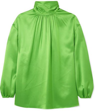 Gathered Neon Silk-satin Blouse - Green