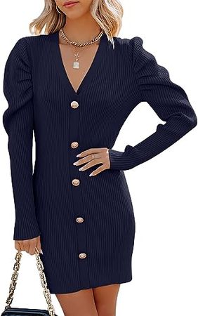 ANRABESS Women's Puff Long Sleeve V Neck Buttons Ribbed Knit Slim Fit Pullover Sweater Bodycon Mini Dress at Amazon Women’s Clothing store