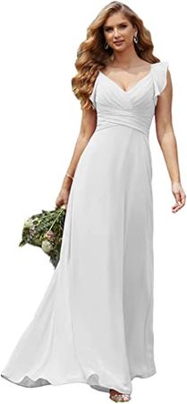 QIAGE Women's V Neck Bridesmaid Dresses Long Ruffle Sleeve Pleat Chiffon A line Formal Evening Party Dress QA029 at Amazon Women’s Clothing store