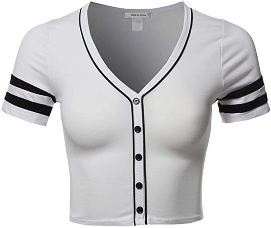 Short Sleeve V Neck Baseball Varsity Stripe Crop Top Tee White L at Amazon Women’s Clothing store
