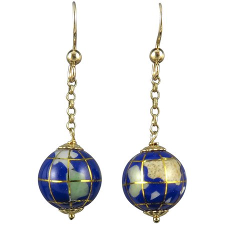 Ruby Lane World Traveler Globe Inlaid Gemstone Dangle Earrings 14K GF
