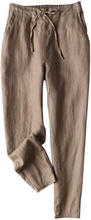 IXIMO Women's Tapered Pants 100% Linen Drawstring Back Elastic Waist Pants Trousers with Pockets (Army Green, Large) at Amazon Women’s Clothing store