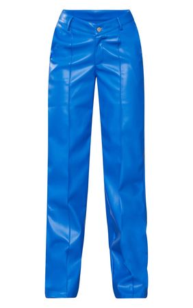 Bright Blue Faux Leather Dip Waist Flared Trousers | PrettyLittleThing USA