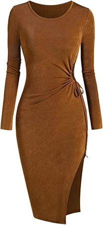 Amazon.com: ZAFUL Women Jersey Long Sleeve Cinched Cutout Split Bodycon Dress Round Collar Midi Dresses : Clothing, Shoes & Jewelry