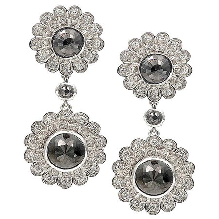 Black and White Diamond Deco Flower Drop Earrings with 20K White Gold For Sale at 1stDibs