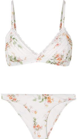 Heathers Lace-trimmed Floral-print Triangle Bikini - White