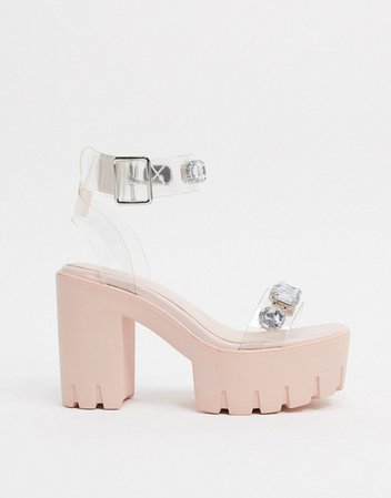 ASOS DESIGN Wide Fit Naught chunky clear embellished heeled sandals | ASOS