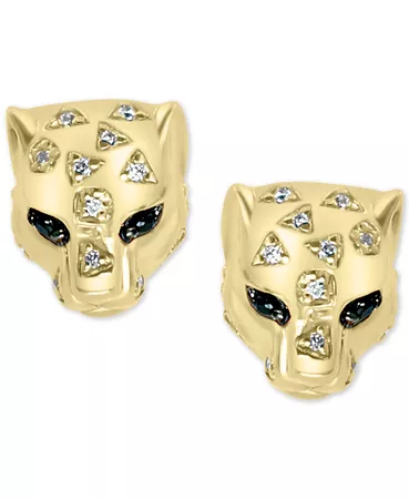 EFFY Collection EFFY® Diamond (1/10 ct. t.w.) & Black Sapphire Accent Panther Stud Earrings in 14k Gold-Plated Sterling Silver