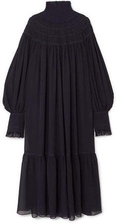 Oversized Ribbed Wool And Pleated Silk-chiffon Maxi Dress - Navy