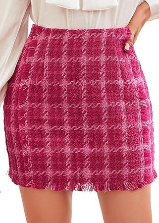 Floerns Women's Plaid High Waist Bodycon Mini Skirt Hot Pink Tartan M at Amazon Women’s Clothing store