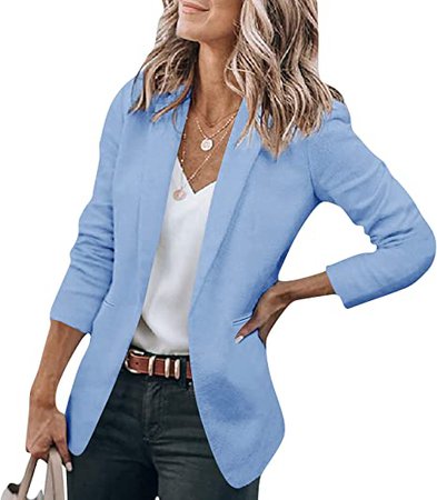 Womens Casual Blazers Open Front Long Sleeve Lapel Button Business Blazer Jacket Work Office Suit Jacket Blue at Amazon Women’s Clothing store