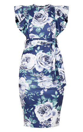 Navy Floral Frill Sleeveless Midi Dress | PrettyLittleThing