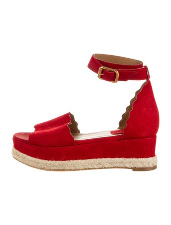Chloé Leather Scalloped Accent Espadrilles - Red Sandals, Shoes - CHL190490 | The RealReal