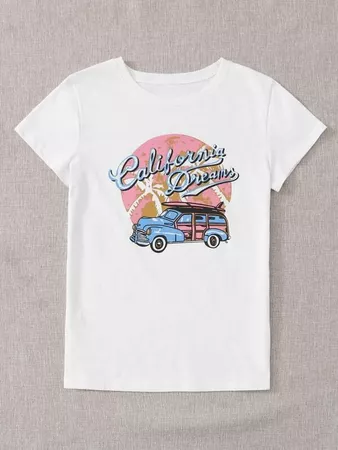 Car & Letter Graphic Tee | SHEIN USA white