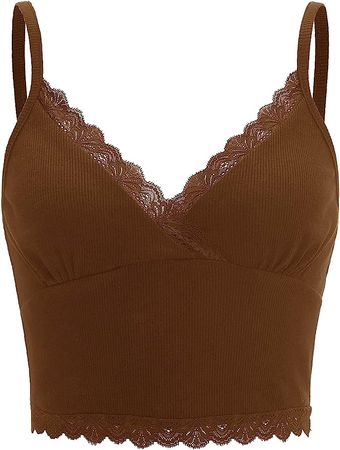 MakeMeChic Women's Y2K Lace Trim V Neck Sleeveless Cami Crop Top Camisole Coffee Brown XL at Amazon Women’s Clothing store