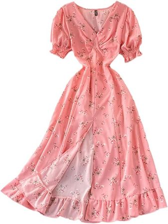 Vintage Ruffle Long Slit Dress Ladies Tunic Dress Pink One Size at Amazon Women’s Clothing store