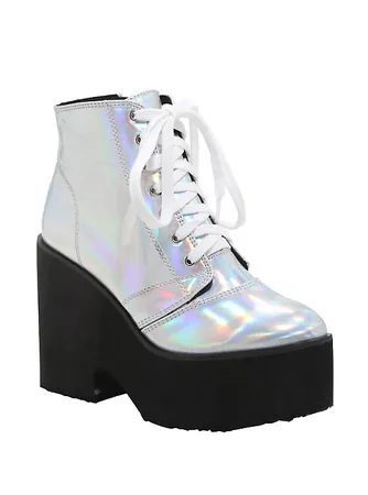 Holographic Lace-Up Platform Booties