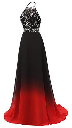 Luulla Halter Gradient Chiffon Prom Dresses,Long Ombre Beads Party Dresses,Black And Red Lace Up Evening Dresses,Prom Dresses DC193