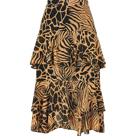 Brown animal print tiered frill midi skirt | River Island