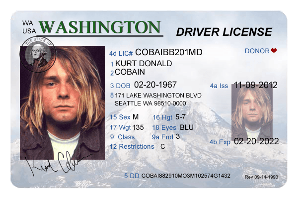 Washington Driver's License Kurt Kobain