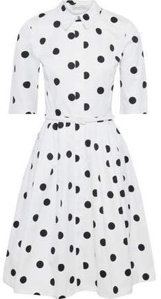 Flared Belted Polka-dot Cotton-twill Dress