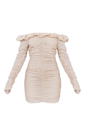 Cream Textured Frill Detail Draped Bardot Bodycon Dress | PrettyLittleThing USA