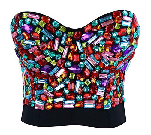 Charmian Women's Spaghetti Straps Rhinestone Beaded Push Up Bra Studded Gem Clubwear Party Bustier Crop Top Blue X-Large at Amazon Women’s Clothing store: