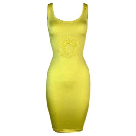 S/S 1996 Gianni Versace Neon Yellow Medusa Logo Bodycon Mini Dress For Sale at 1stDibs