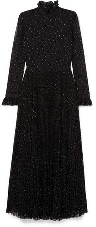 Studded Plissé-paneled Chiffon Gown - Black
