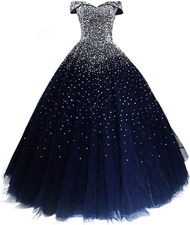 Amazon.com: Women's Off The Shoulder Beaded Prom Homecoming Dress Long A Line Tulle Quinceanera Formal Evening Ball Gown Navy Blue US4 : Clothing, Shoes & Jewelry