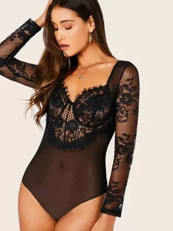 Floral Lace Sheer Skinny Bodysuit | SHEIN USA