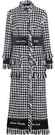 Embroidered Satin-trimmed Houndstooth Wool-blend Boucle-tweed Coat