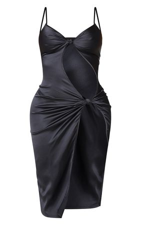 Shape Black Satin Knot Split Front Midi Dress | PrettyLittleThing USA