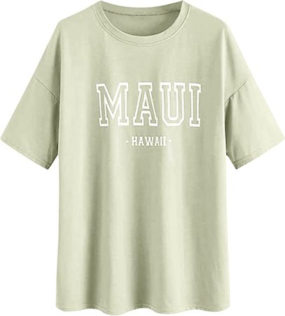 Meladyan Women’s Maui Hawaii Letter Print Oversized T Shirts Short Sleeve Round Neck Drop Shoulder Longline Tee Top Khaki at Amazon Women’s Clothing store
