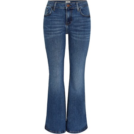 Petite blue mid rise flared jeans | River Island