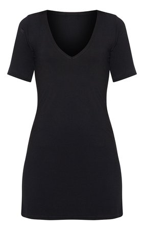 Basic Black Plunge V Neck T Shirt Dress | PrettyLittleThing USA