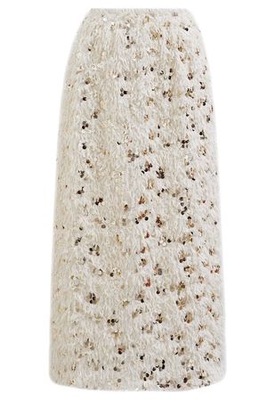 Full Feather Sequined Pencil Skirt in Cream - Retro, Indie and Unique Fashion