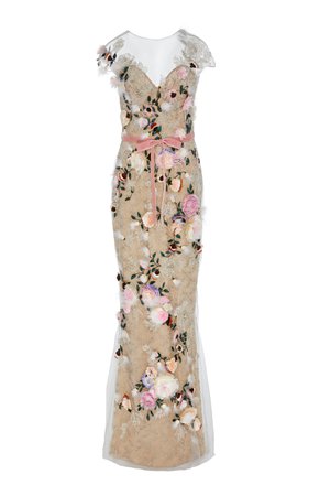 Feather-Trimmed Floral-Appliquéd Tulle Gown by Marchesa | Moda Operandi