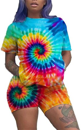 LKOUS Women's Summer Casual Tie Dye Printed 2 Pieces Outfits Short Sleeve T Shirt Top and Skinny Short Pants Set Jumpsuit at Amazon Women’s Clothing store