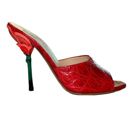 Hand-painted Prada Red Exotic Flower Heel Sandals For Sale at 1stdibs