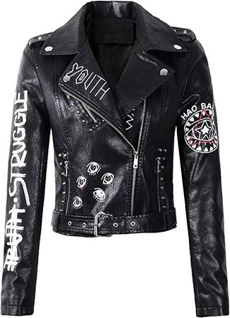 Women's Print Faux Leather Punk Jacket Biker Motorcycle Jacket with Belt at Amazon Women's Coats Shop