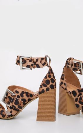 Leopard Big Buckle Block Heel Square Toe Sandal | PrettyLittleThing