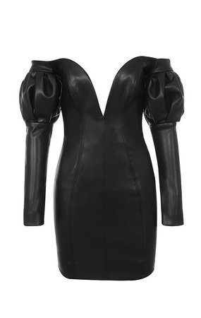Clothing : Bodycon Dresses : 'Clarita' Black Vegan Leather Puff Sleeve Dress