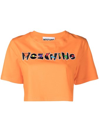Moschino embroidered logo cropped T-shirt orange