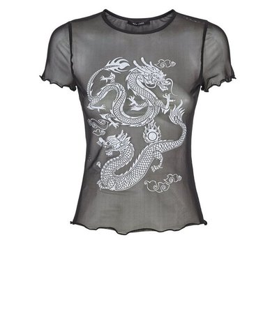 Black Dragon Frill Trim Mesh T-Shirt | New Look