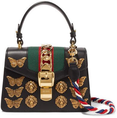 Sylvie Mini Embellished Leather Shoulder Bag - Black