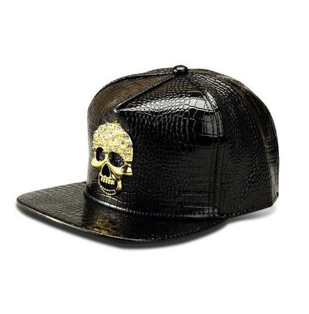 Rhinestone Metal Skull Pu Leather Snapback Cap Black | RebelsMarket