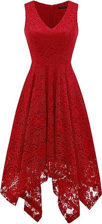 Amazon.com: Meetjen Women Floral Lace Bridesmaid Party Dress A-Line Asymmetrical Short Prom Dress V Neck Red XL : Clothing, Shoes & Jewelry
