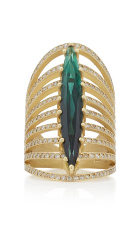 One-Of-A-Kind Green Tourmaline Marquis Corset ring with Diamond Pave by LFrank | Moda Operandi